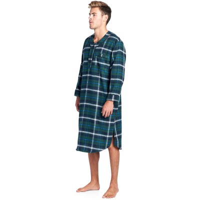 Sleep Tops Mens Flannel Plaid Long Sleep Shirt Henley Nightshirt - Navy/Green/White/Aqua - C218DK4RZ47