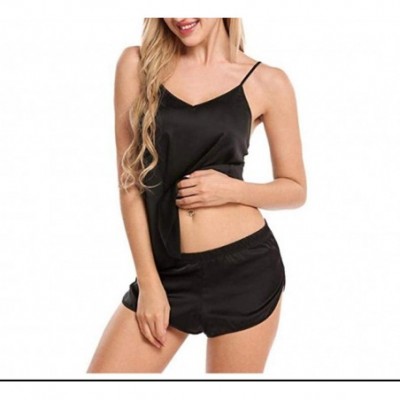 Sets Women's Sexy Lingerie Set Silk Sleepwear Pajamas Cami and Shorts 2 Piece Set Nightwear - Black - CI19C4AK4O7