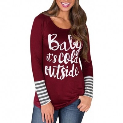 Thermal Underwear Baby It's Cold Outside Christmas Stripe Print Tee Shirt Womens Long Sleeve Fitted Blouse Top - Wine - CT18Z...