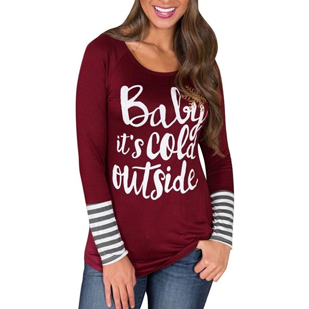 Thermal Underwear Baby It's Cold Outside Christmas Stripe Print Tee Shirt Womens Long Sleeve Fitted Blouse Top - Wine - CT18Z...