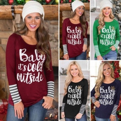 Thermal Underwear Baby It's Cold Outside Christmas Stripe Print Tee Shirt Womens Long Sleeve Fitted Blouse Top - Wine - CT18Z...