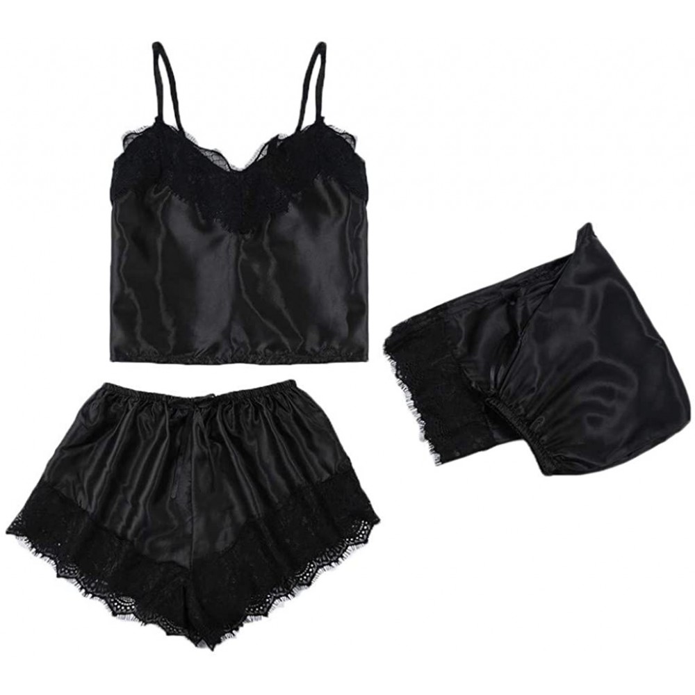 Sets 3pc Womens Exotic Chemises Negligees Camisole Shorts Set Sexy Cami Tops + Lace Bra + Satin Shorts Pajama Sets G black - ...