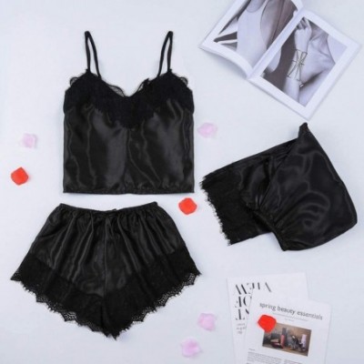 Sets 3pc Womens Exotic Chemises Negligees Camisole Shorts Set Sexy Cami Tops + Lace Bra + Satin Shorts Pajama Sets G black - ...