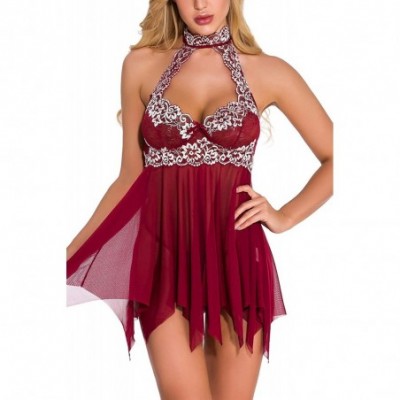 Baby Dolls & Chemises Babydoll Lingerie for Women Open Front Sexy Lace Halter Chemise Sleepwear - Wine Red - CQ18UXX4A7T