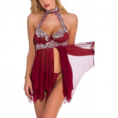 Baby Dolls & Chemises Babydoll Lingerie for Women Open Front Sexy Lace Halter Chemise Sleepwear - Wine Red - CQ18UXX4A7T