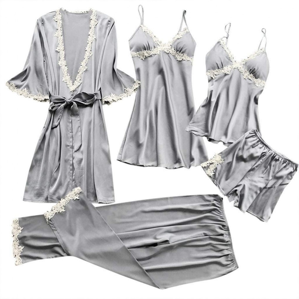 Sets Women's Lace Satin Pajama Set Lingerie Cami Shorts Pjs with Pants Babydoll Nightwear Dress 5pcs Suit - Gray - C9194EGUIIN