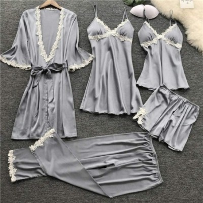 Sets Women's Lace Satin Pajama Set Lingerie Cami Shorts Pjs with Pants Babydoll Nightwear Dress 5pcs Suit - Gray - C9194EGUIIN