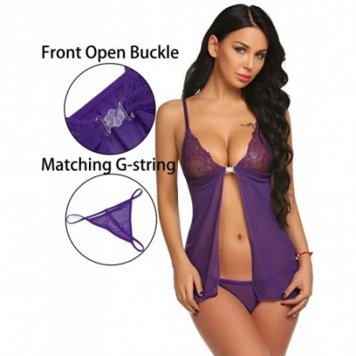 Baby Dolls & Chemises Women Sexy Lingerie Mini Open Front Babydoll Lace Mesh Chemise with G-String Set - Style 1-purple - CR1...