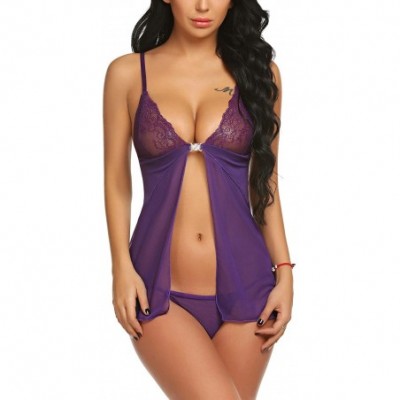 Baby Dolls & Chemises Women Sexy Lingerie Mini Open Front Babydoll Lace Mesh Chemise with G-String Set - Style 1-purple - CR1...