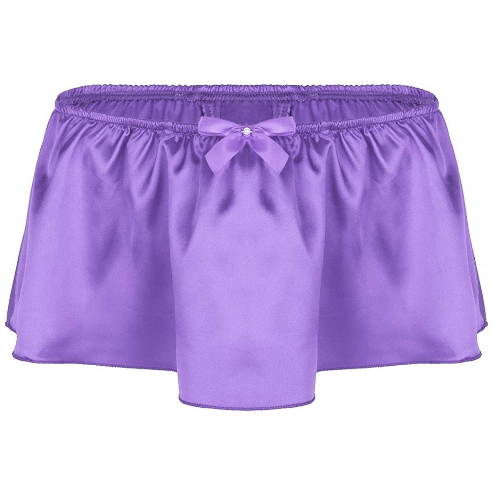 G-Strings & Thongs Men's Sissy Lingerie Frilly Satin High Cut G-String Thong Skirted Panties Underwear - Purple - CM19DSR43C6