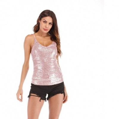 Thermal Underwear Women's Summer Sequin Vest Sleeveless U-Neck Beaded Backless Top Sling T-Shirt - C9-pink - CH1947ZO75E