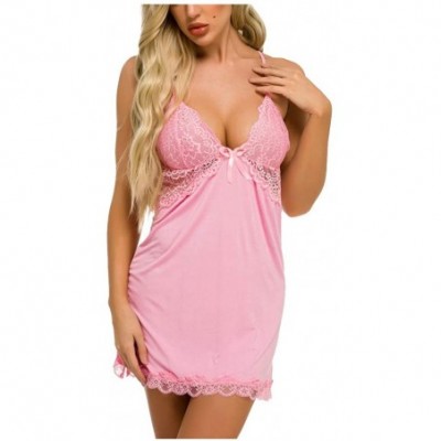 Robes Lace Patchwork Hollow Perspective Sexy Lingerie Bowknot Babydoll Mini Nightdress for Women - Pink - CQ198D4AWCK