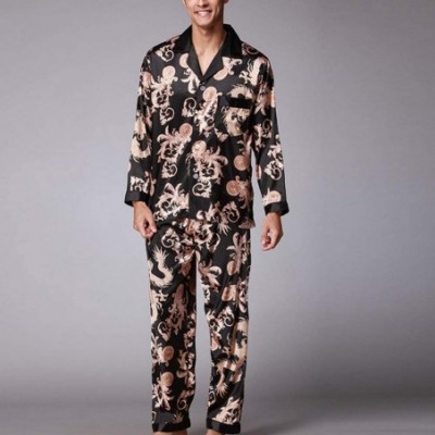 Sleep Sets Men's Pajamas Suit- Men Sleepwear Autumn Winter Print Men Simulation Silk Pajamas Man Pajamas Suit Male Polyester ...