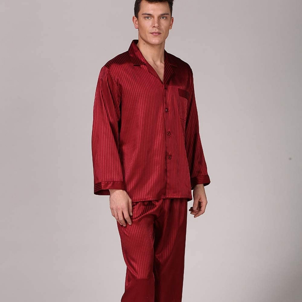 Sleep Sets Men's Pajamas Suit- Men's Striped Silk Nightwear Long Sleeve Pants Simulation Silk Set Large Size Loungewear Pyjam...