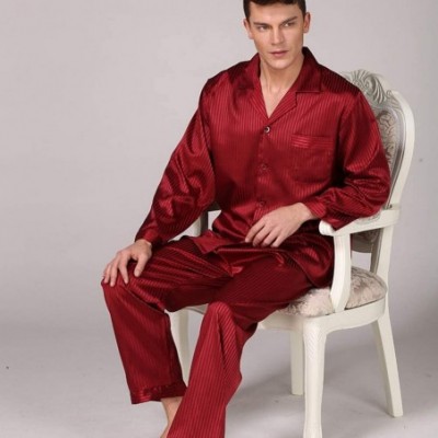 Sleep Sets Men's Pajamas Suit- Men's Striped Silk Nightwear Long Sleeve Pants Simulation Silk Set Large Size Loungewear Pyjam...