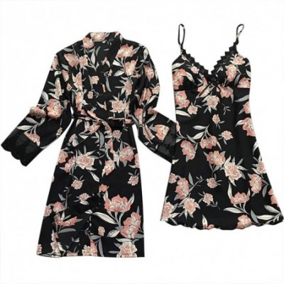 Robes Pajamas Set for Women Fashion Floral Print Kimono Robes and Nightgowns Sleepwear Set Loose Casual Nightwear Black - CH1...