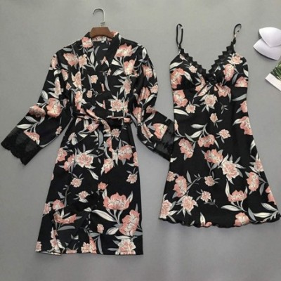 Robes Pajamas Set for Women Fashion Floral Print Kimono Robes and Nightgowns Sleepwear Set Loose Casual Nightwear Black - CH1...