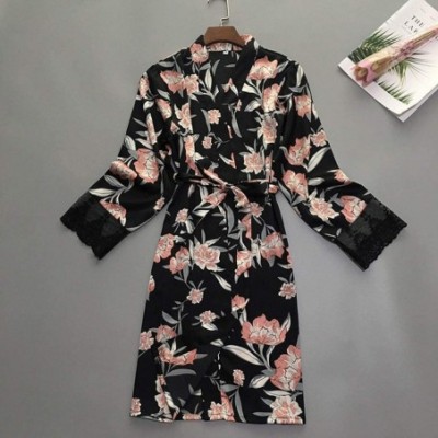 Robes Pajamas Set for Women Fashion Floral Print Kimono Robes and Nightgowns Sleepwear Set Loose Casual Nightwear Black - CH1...