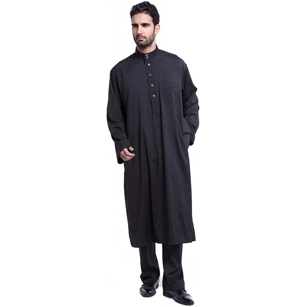 Robes Men's Islamic Thobe with Pants Set Long Sleeve Arab Muslim Wear Dubai Robe - Black - CK1904KAAMQ