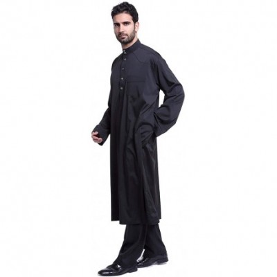 Robes Men's Islamic Thobe with Pants Set Long Sleeve Arab Muslim Wear Dubai Robe - Black - CK1904KAAMQ