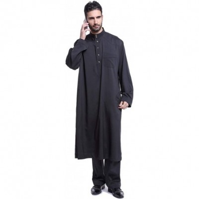 Robes Men's Islamic Thobe with Pants Set Long Sleeve Arab Muslim Wear Dubai Robe - Black - CK1904KAAMQ