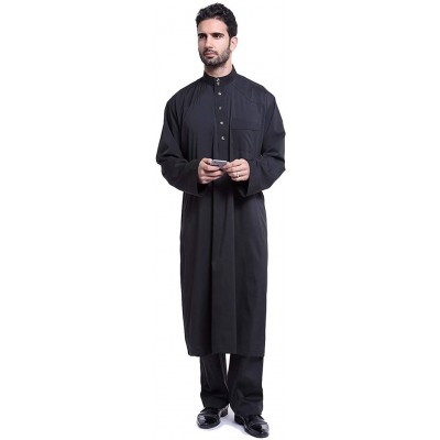 Robes Men's Islamic Thobe with Pants Set Long Sleeve Arab Muslim Wear Dubai Robe - Black - CK1904KAAMQ