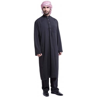 Robes Men's Islamic Thobe with Pants Set Long Sleeve Arab Muslim Wear Dubai Robe - Black - CK1904KAAMQ