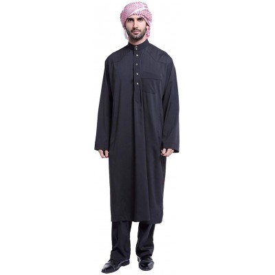 Robes Men's Islamic Thobe with Pants Set Long Sleeve Arab Muslim Wear Dubai Robe - Black - CK1904KAAMQ