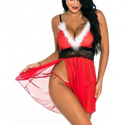 Baby Dolls & Chemises Womens Christmas Chemises G-String Lingerie Set Sexy Nightwear Underwear Pajamas - Red - C018A3EE7S2