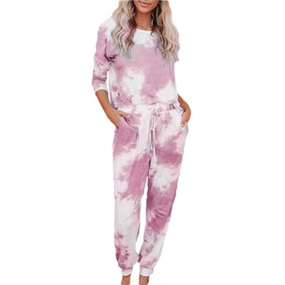 Sets Women's Tie Dye Printed Long Sleeve Pajamas Set Long Tops and Pants 2 Piece Joggers Nightwears - Pink - C31907UK67C