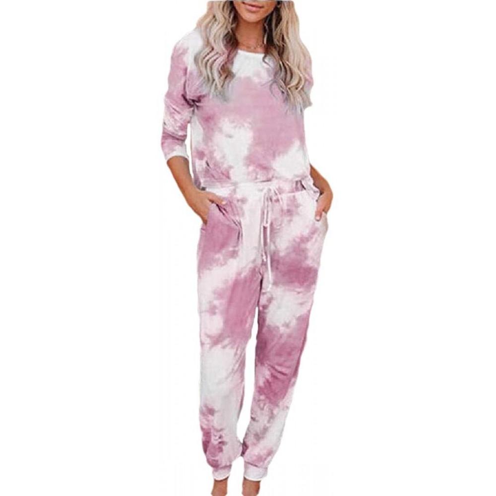 Sets Women's Tie Dye Printed Long Sleeve Pajamas Set Long Tops and Pants 2 Piece Joggers Nightwears - Pink - C31907UK67C