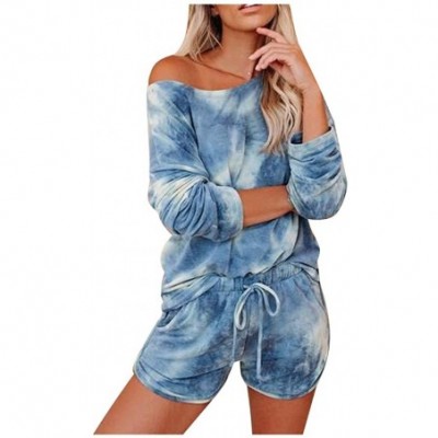 Sets Womens Tracksuit Tie-dye Pocket Long Sleeve Pajama Set Night Lounge Tops Short Sleepwear E-Scenery - Blue - C919DIIRYEY