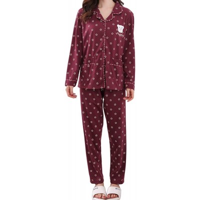 Sets Women's Notch Collar Sleepwear Cute Bear Stars Long Sleeve Cotton Pajama Set M-5XL - Wine Red - CR18KLOGSNW