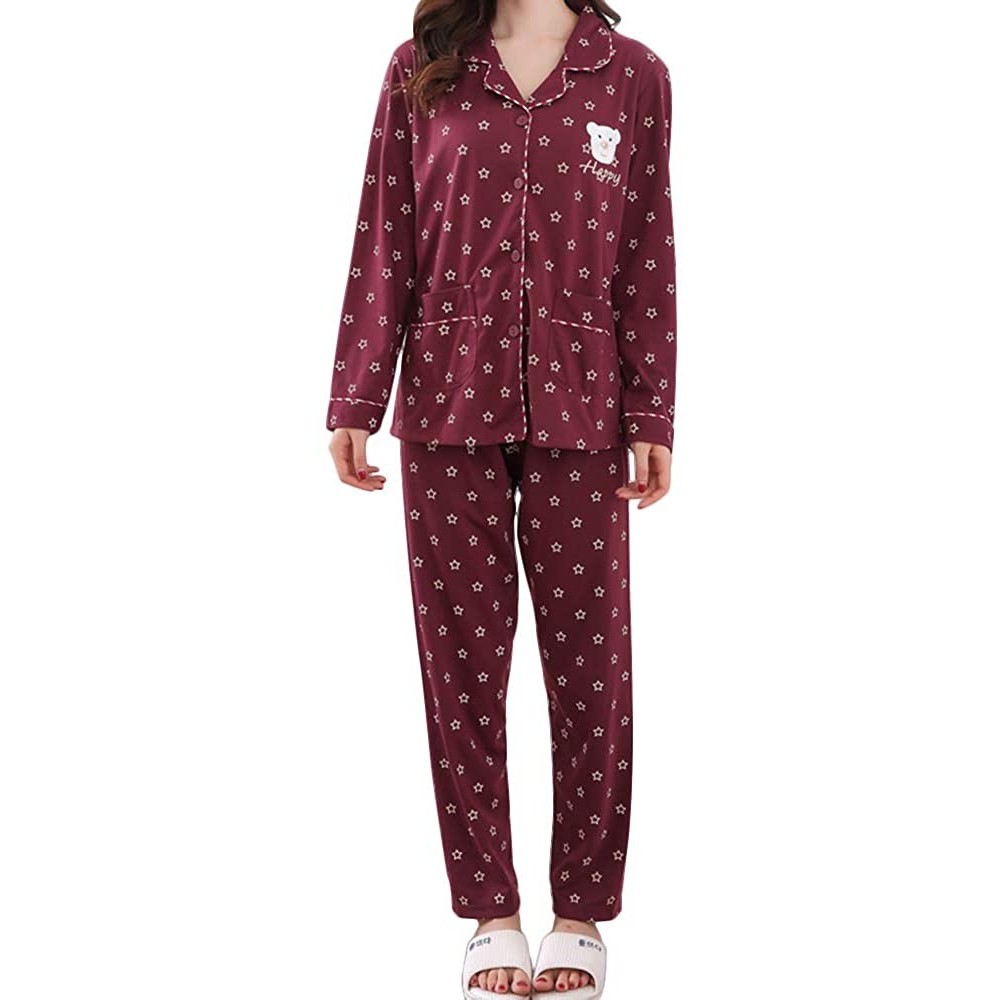 Sets Women's Notch Collar Sleepwear Cute Bear Stars Long Sleeve Cotton Pajama Set M-5XL - Wine Red - CR18KLOGSNW