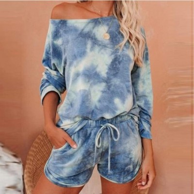 Sets Womens Tracksuit Tie-dye Pocket Long Sleeve Pajama Set Night Lounge Tops Short Sleepwear E-Scenery - Blue - C919DIIRYEY