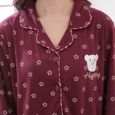 Sets Women's Notch Collar Sleepwear Cute Bear Stars Long Sleeve Cotton Pajama Set M-5XL - Wine Red - CR18KLOGSNW