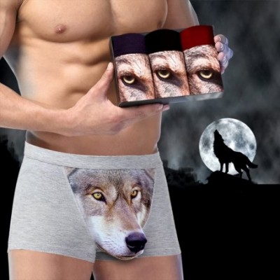 Boxer Briefs Men's Seamless Boxer Brief Stretchable Underwear 3D Printing 3-pcs Set- Sexy Hipster Wolf Animals - Wolf Black +...