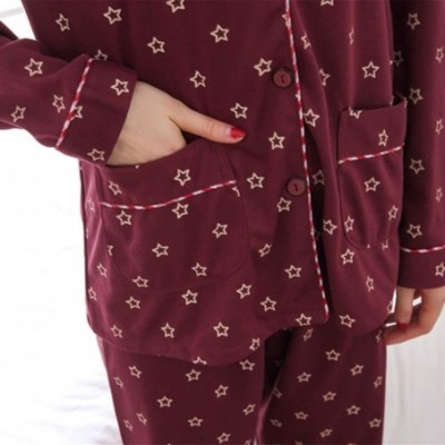 Sets Women's Notch Collar Sleepwear Cute Bear Stars Long Sleeve Cotton Pajama Set M-5XL - Wine Red - CR18KLOGSNW