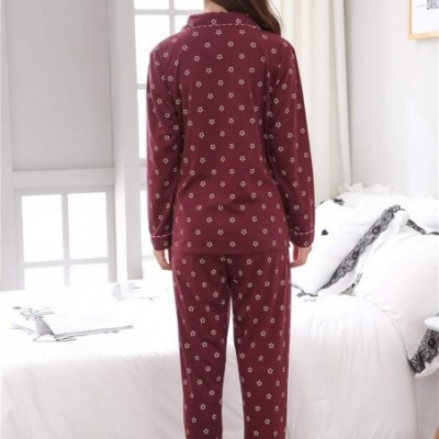 Sets Women's Notch Collar Sleepwear Cute Bear Stars Long Sleeve Cotton Pajama Set M-5XL - Wine Red - CR18KLOGSNW