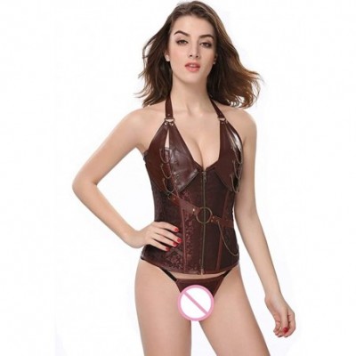 Bustiers & Corsets Women's Steampunk Corset Overbust Bustier Corsets Plus Size Zip Up Sexy Shaper - Brown - C918LUYEC8Z