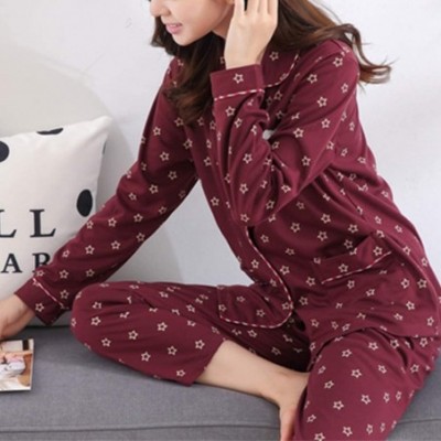 Sets Women's Notch Collar Sleepwear Cute Bear Stars Long Sleeve Cotton Pajama Set M-5XL - Wine Red - CR18KLOGSNW