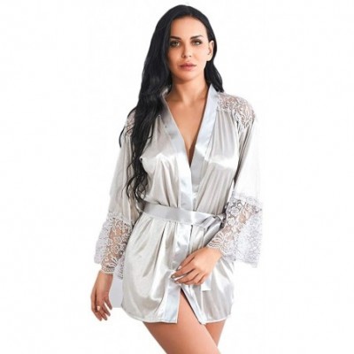 Nightgowns & Sleepshirts Women Pure Color Satin Short Silky Bathrobe Sleepwear Nightgown Pajama - Gray - CK18TC5N6QI