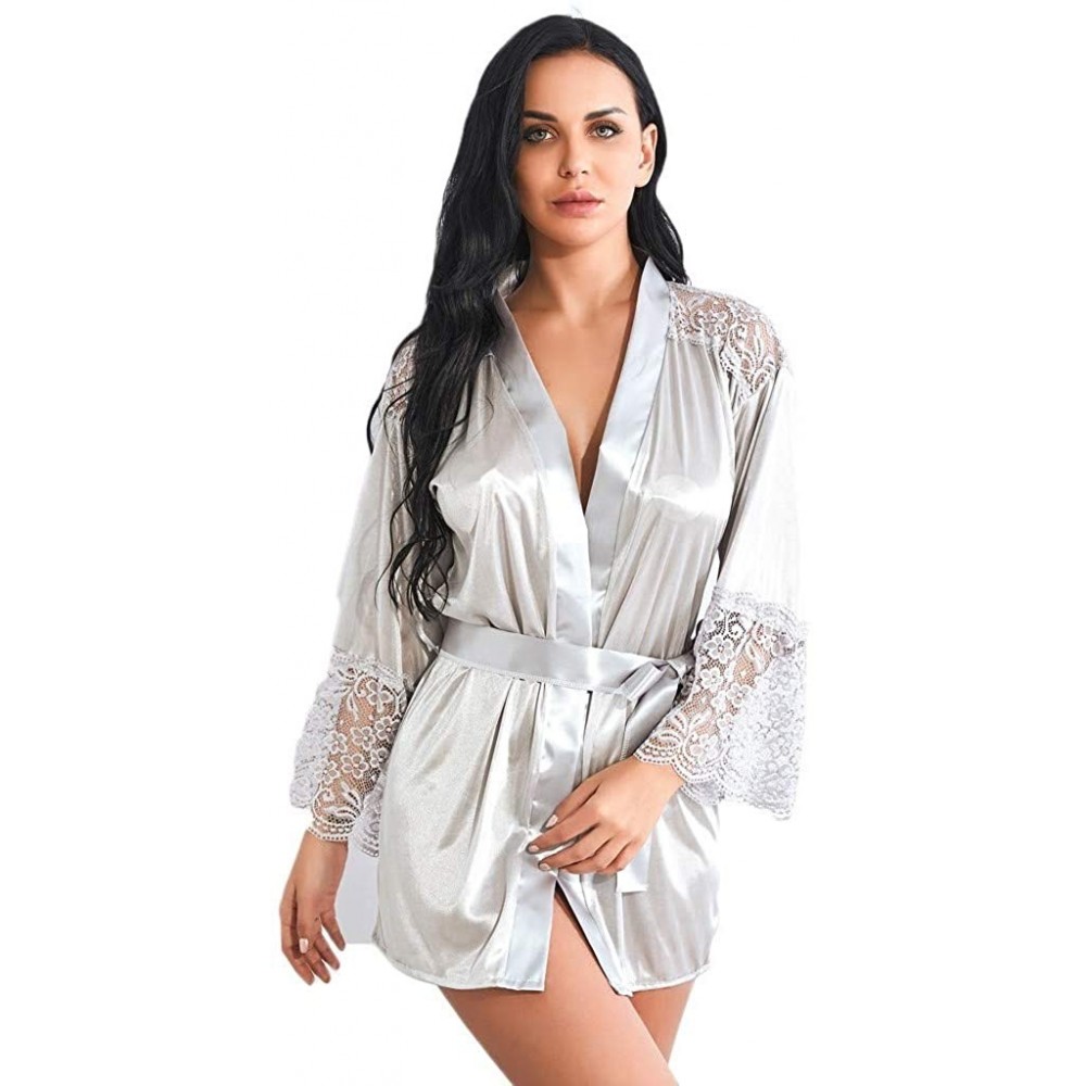 Nightgowns & Sleepshirts Women Pure Color Satin Short Silky Bathrobe Sleepwear Nightgown Pajama - Gray - CK18TC5N6QI