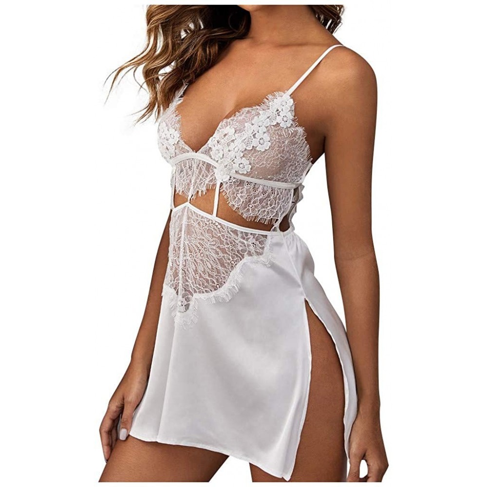 Baby Dolls & Chemises Women's White Lingerie Underwear Ladies Babydoll Sexy Cut Out Lace Chemise Nightdress with Thong - Whit...