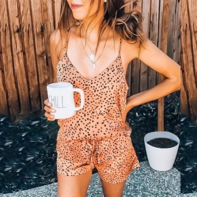 Sets Women Leopard Sleeveless Pajama Set 2PCS Night Lounge Top Short Sleepwear Cami Shorts Set Nightwear - Orange - CN198MZ5LL8