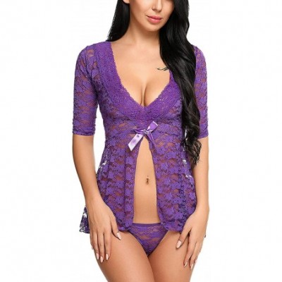 Baby Dolls & Chemises Women Sexy Lingerie Mesh Chemise Nightwear Floral Lace Sheer Babydoll Set Sleepwear - 1-9 Purple - CM18...