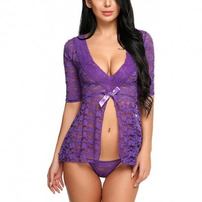 Baby Dolls & Chemises Women Sexy Lingerie Mesh Chemise Nightwear Floral Lace Sheer Babydoll Set Sleepwear - 1-9 Purple - CM18...