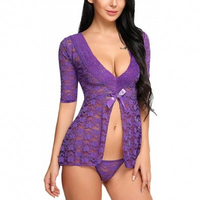 Baby Dolls & Chemises Women Sexy Lingerie Mesh Chemise Nightwear Floral Lace Sheer Babydoll Set Sleepwear - 1-9 Purple - CM18...