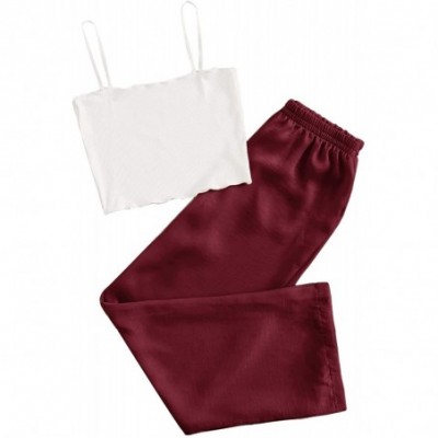 Sets Women 2PCS Pajamas Set Ribbed Sleeveless Crop Top Casual Pants Sleepwear PJ - Burgundy - CQ197WGO9MZ