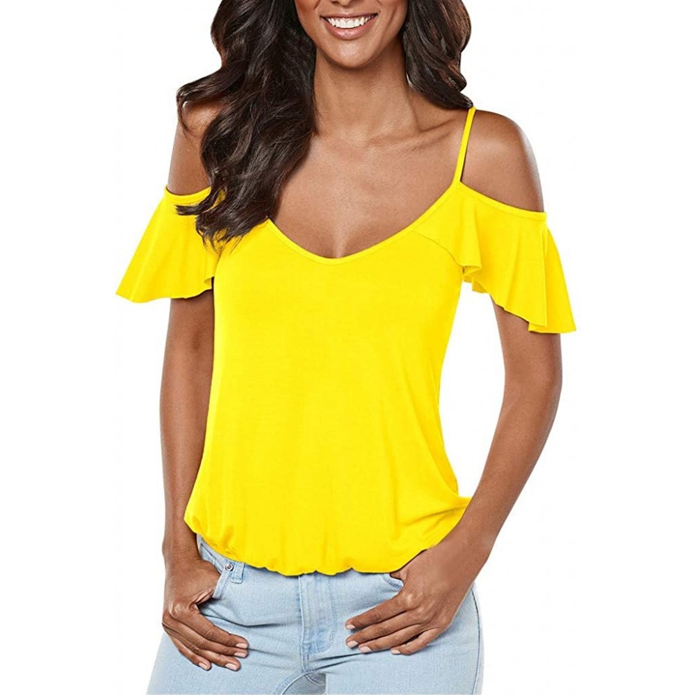 Shapewear Crop Top- Women Cold Shoulder Back Cross T-Shirt Ladies Summer Holiday Blouse - Yellow - CC18UZLU7HX